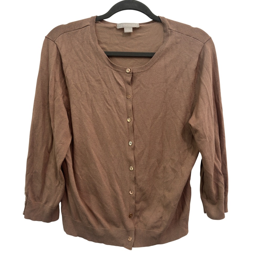 Janeville Womens Classic Cardigan Sweater Taupe Brown Rayon Nylon Size‎ Large